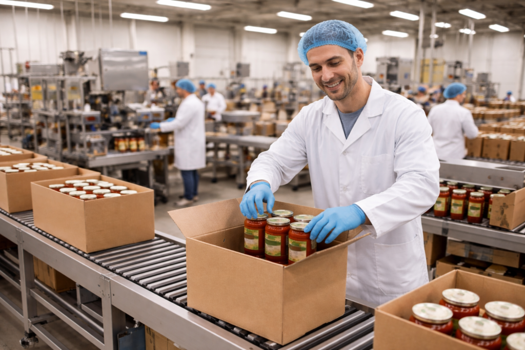 co packer Vista general de una planta de co-packing con varios operarios en batas blancas y cofias azules empacando productos en cajas sobre líneas de producción